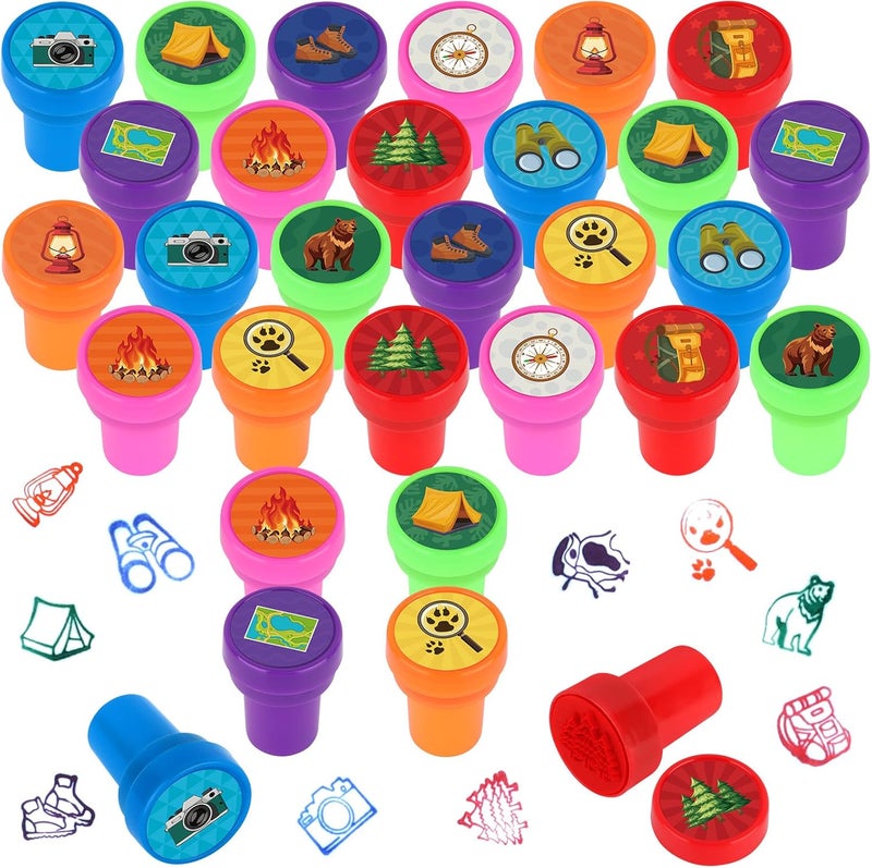 Lemicin 24 Pcs Camp Stampers Camping Mini Adventure Holiday Stamps Colorful Self Inking Birthday Party Supplies Favors for Boys Girls Student School Classroom Rewards Carnival Prizes Supplies - Image 1